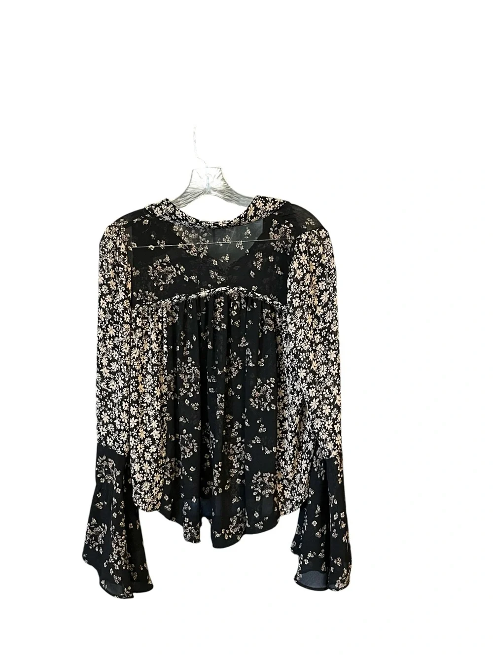 Free People Floral Sheer Blouse Bell Sleeve Black Ivory Boho Women’s M